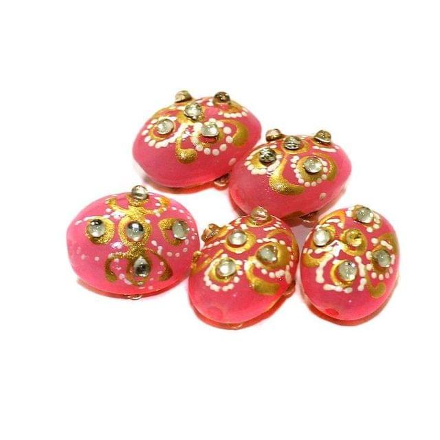 5 Pcs, 17x12mm Handpainted Kundan Work Oval Beads Pink