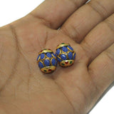 2 Pairs , 15mm Brass Meenakari Pacchi Ball Beads Blue
