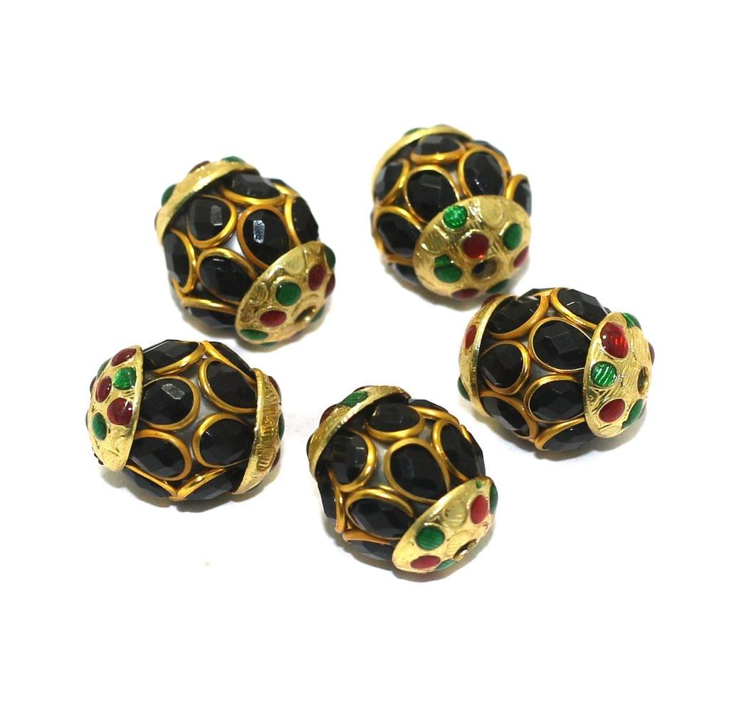 5 Pcs, 15mm Brass Meenakari Pacchi Ball Beads Black