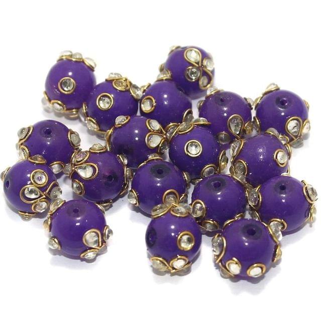 20 Pcs 12mm Glass Kundan Beads Round Purple