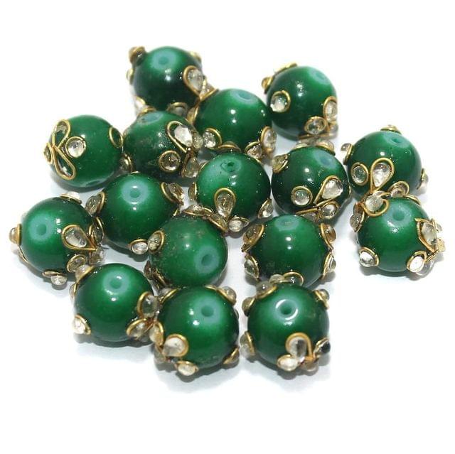 20 Pcs 12mm Glass Kundan Beads Round Green