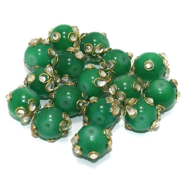 20 Pcs 12mm Glass Kundan Beads Round Green