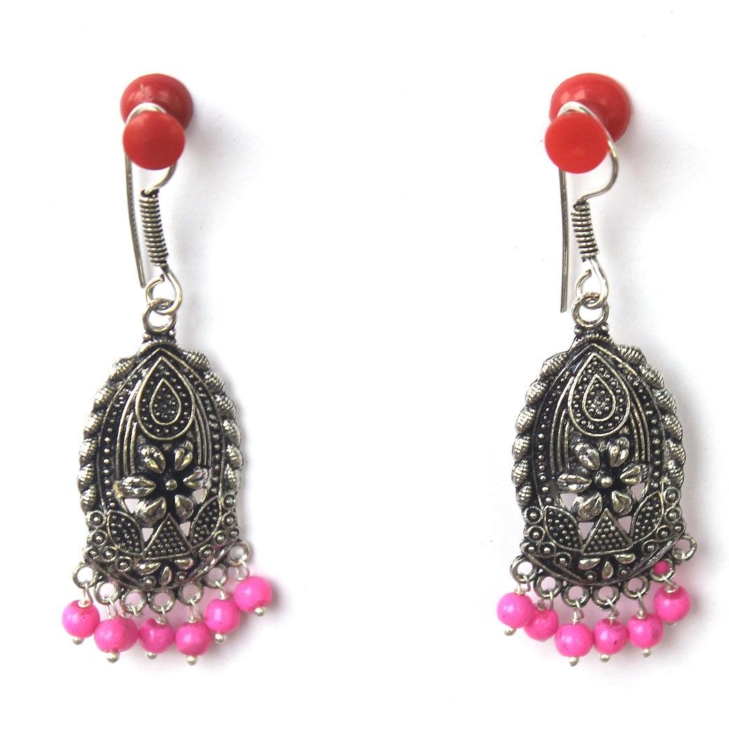 German Silver Beads Hanging Earring Pink - Main Image