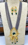 Glass Crystal Beaded Lord Krishna Murli Pankha Kundan Necklace Set Grey