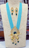 Glass Crystal Beaded Lord Krishna Murli Pankha Kundan Necklace Set Turquoise