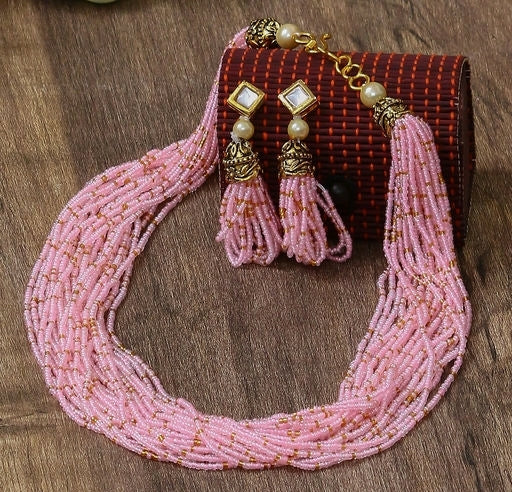 Multi-String Kundan and Peach Beads Long Necklace Set – Steorra Jewels