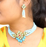 Glass Crystal Beaded Kundan Choker Set Turquoise