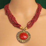 Seed Beads Necklace Red With Tibetan Pendant