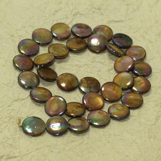 12mm Disc Shell Beads Brown Rainbow 1 String